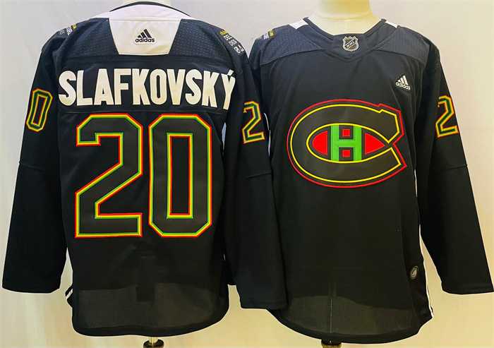 Mens Montreal Canadiens #20 Juraj Slafkovsky 2022 Black Warm Up History Night Stitched Jersey
